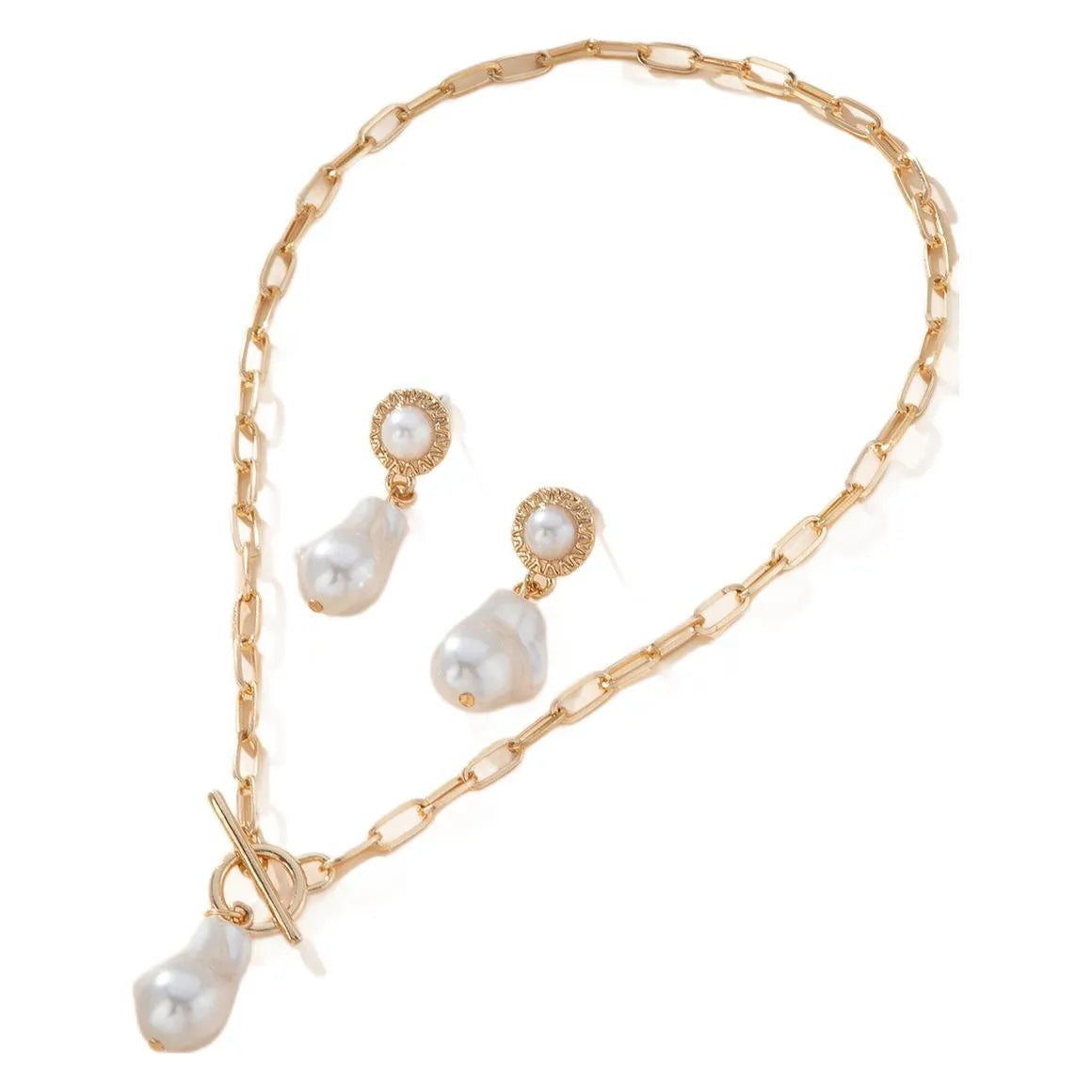 Gold-coloured baroque pearl necklace and matching earrings jewellery set for women