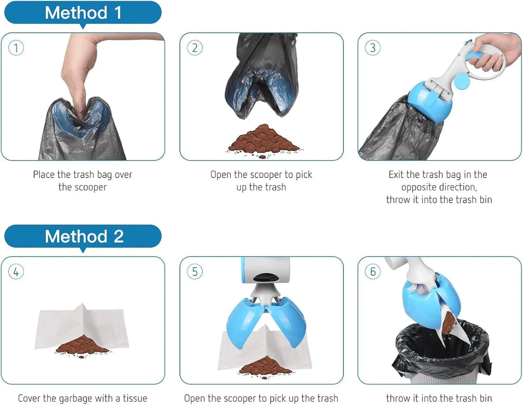 A black ABS plastic pet pooper scooper with an integrated trash bag holder and a top hook.
