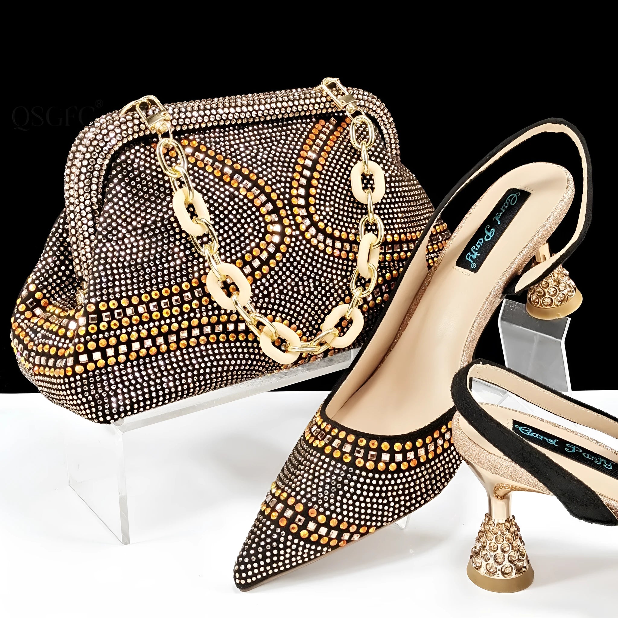 Women's pointed toe high heels with rhinestones and a matching small bag, shown in one of eight available colours.