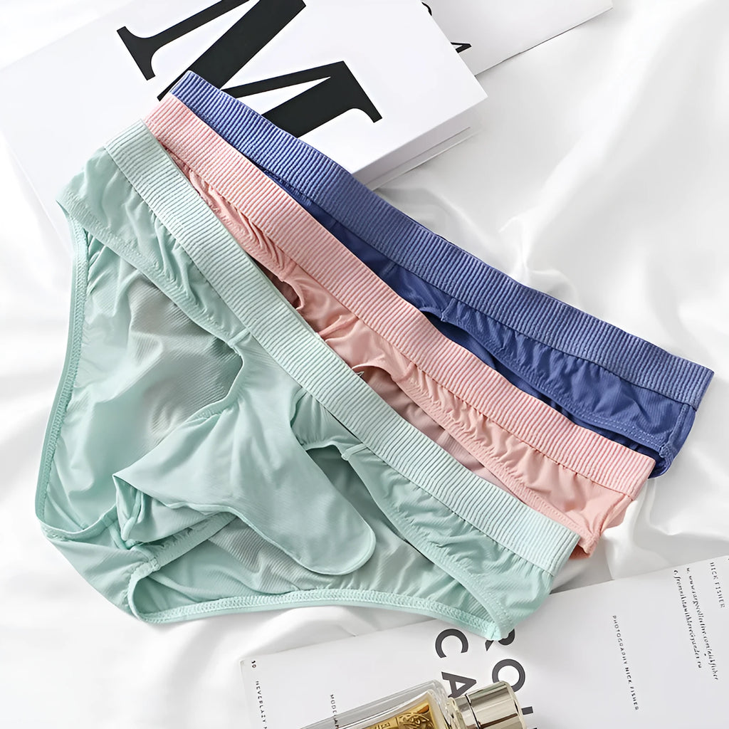 Men's low waist ice silk briefs in black, gray, purplish blue, light green, and pink colours