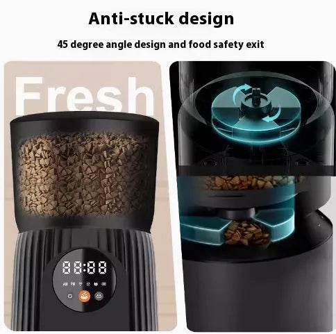 Black automatic pet feeder with digital display and food container showing portion control settings