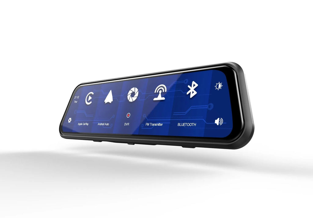 Black dual-lens driving recorder with 9.66-inch touch screen mounted on car windscreen.
