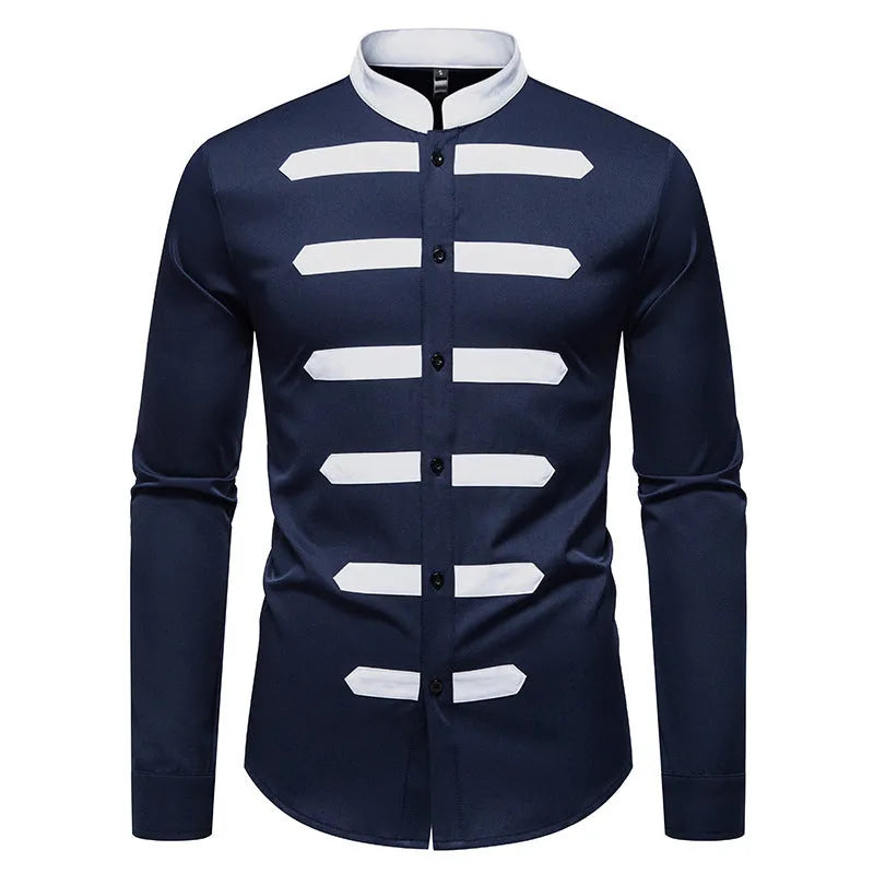 Men's slim fit casual long sleeve shirt in black, light blue, or navy blue made from polyester fabric