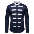 Men's slim fit casual long sleeve shirt in black, light blue, or navy blue made from polyester fabric