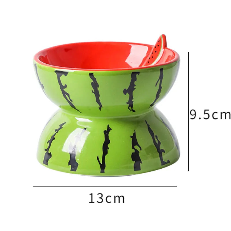 Ceramic raised cat bowl with tilted design in orange pattern, elevated 5 inches from base