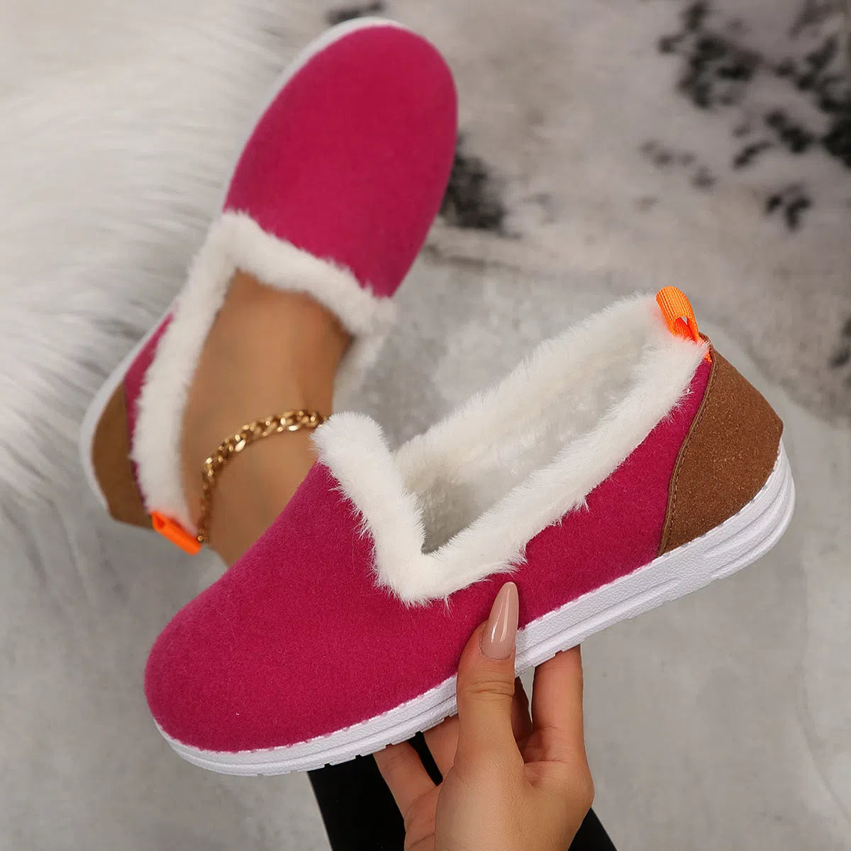 Women's Korean style thick soled short tube cotton shoes in light brown suede with plush lining