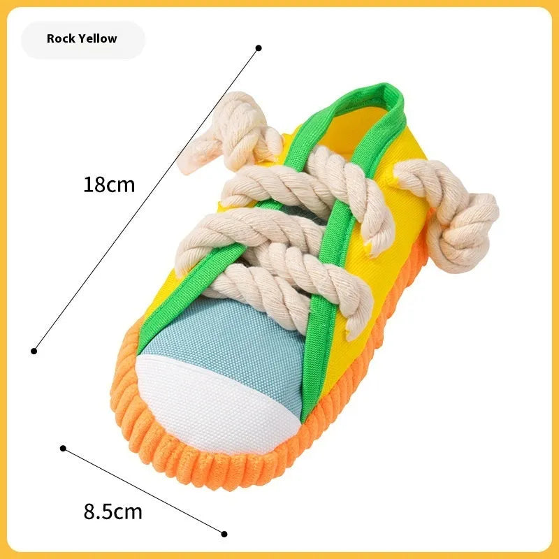 Plastic slippers-shaped dog toy with squeaker in yellow, black, or blue colour options