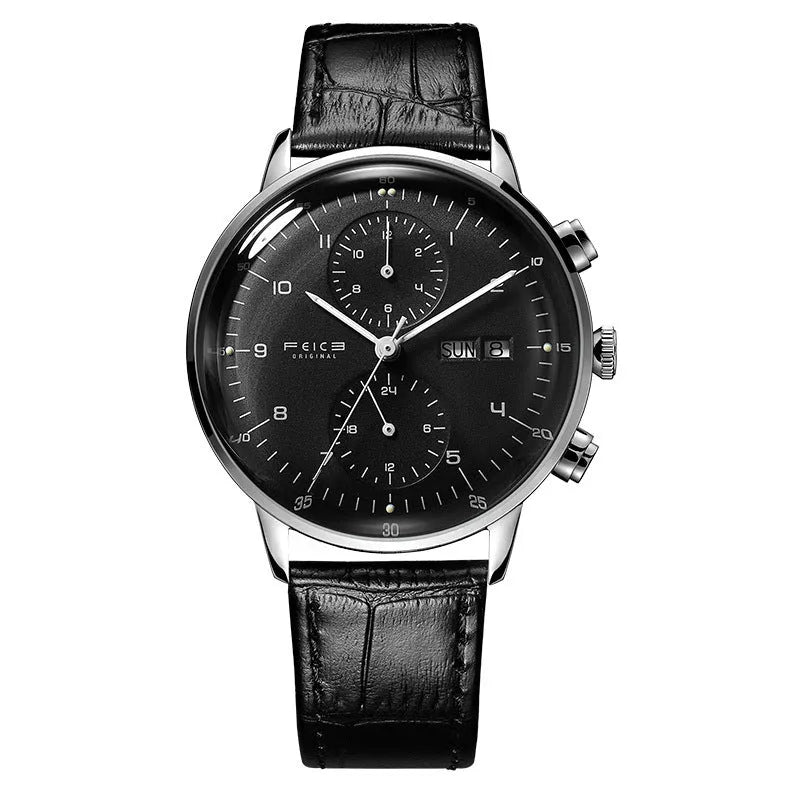 FM121 automatic mechanical watch silver case white dial black belt luminous hands 42mm