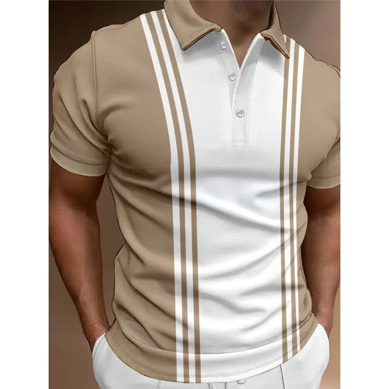 Casual men's 3 button printing lapel T-shirt in loose fit polyester, blue colour, short sleeves