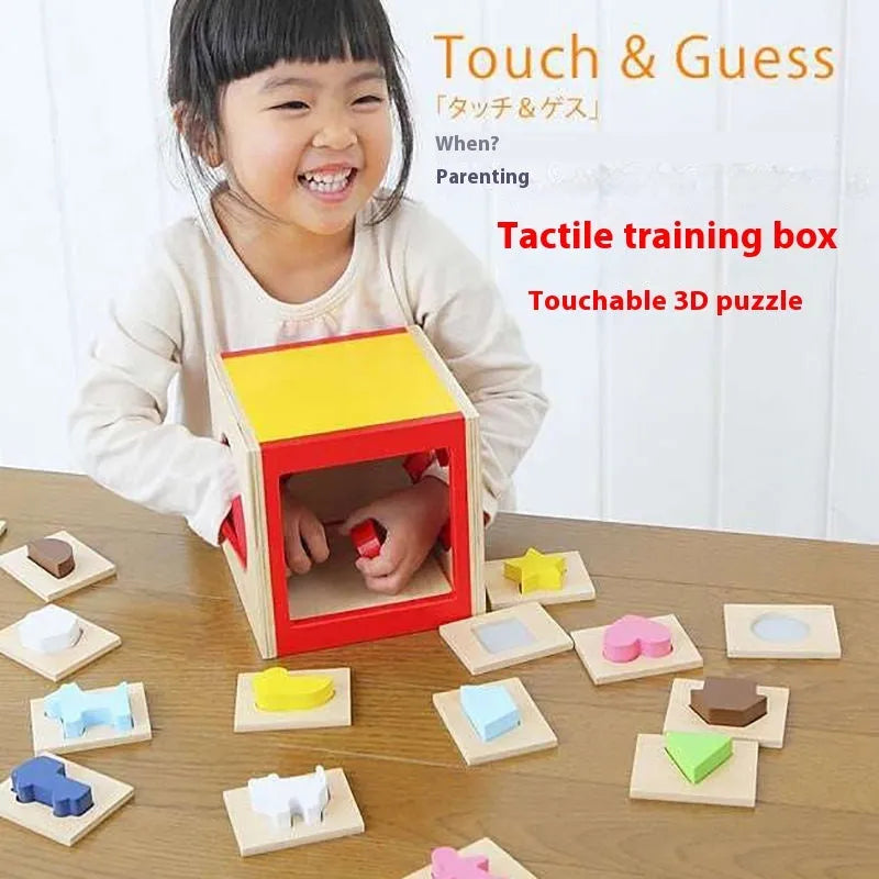 Wooden Montessori touch box balance building blocks toy set on a white background