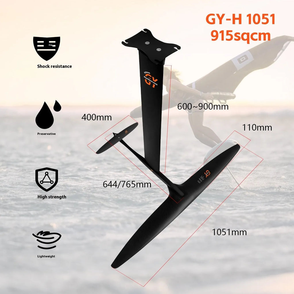 Black carbon fibre and aluminium hydrofoil with 1051mm front wing for racing and surfing
