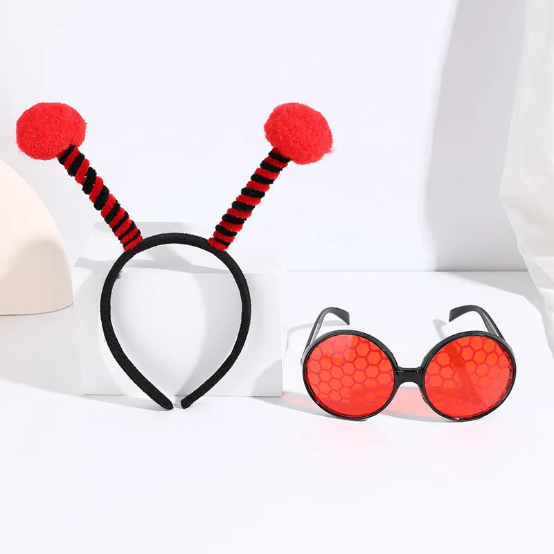 Yellow bees costume set with a cloth headband and glasses featuring insect details.