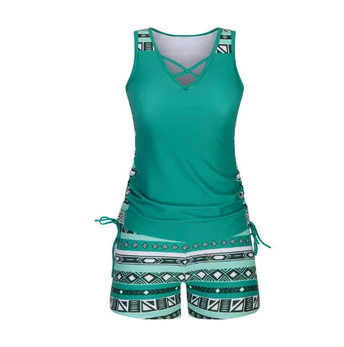 Women's blue floral lace two-piece swimsuit bikini set with matching shorts