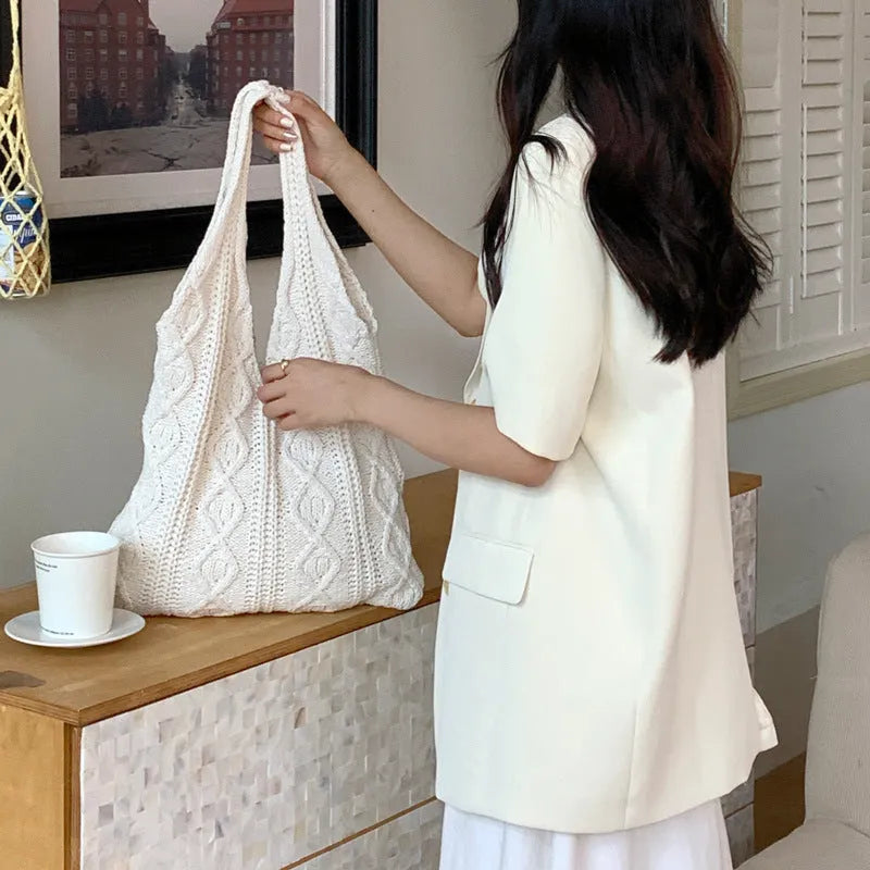 Retro style crochet wool yarn shoulder tote bag with double straps in various solid colours