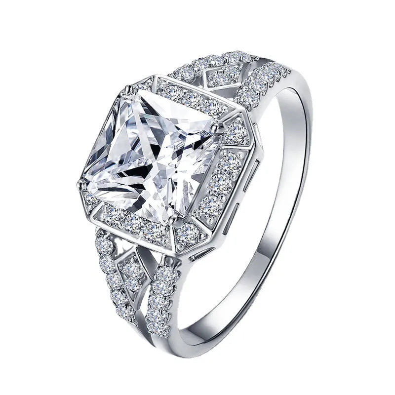 Women's geometric zircon ring with hollow quadrilateral design and platinum colour finish