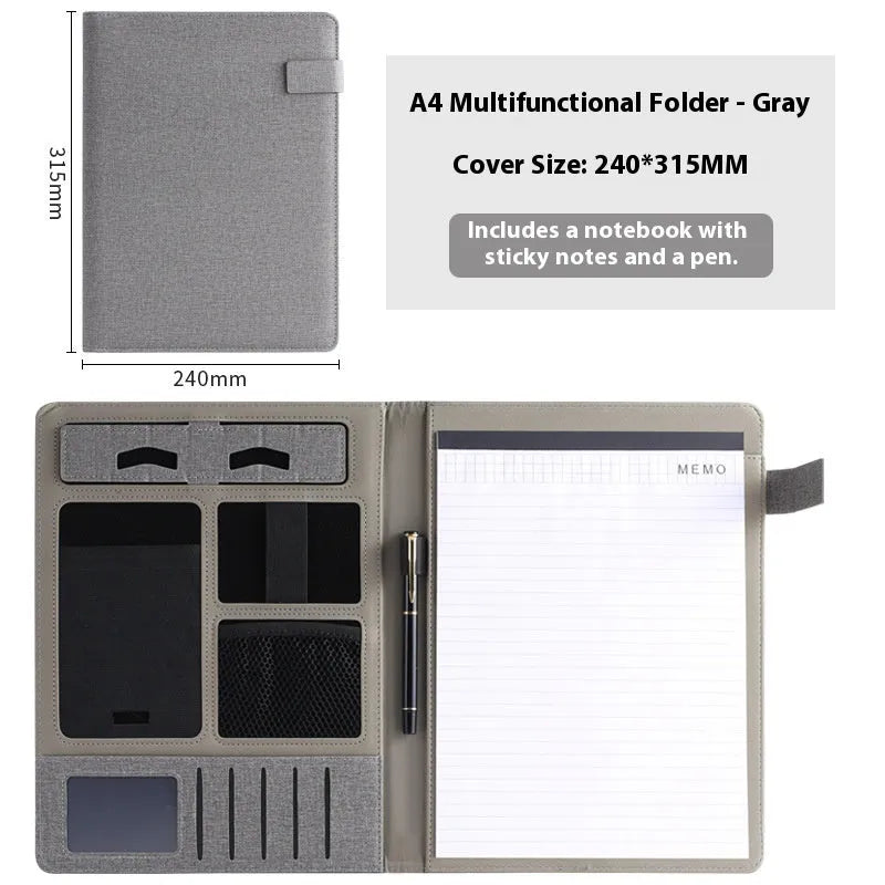 Leather A4 business folder in black showing document, pen, and notepad compartments
