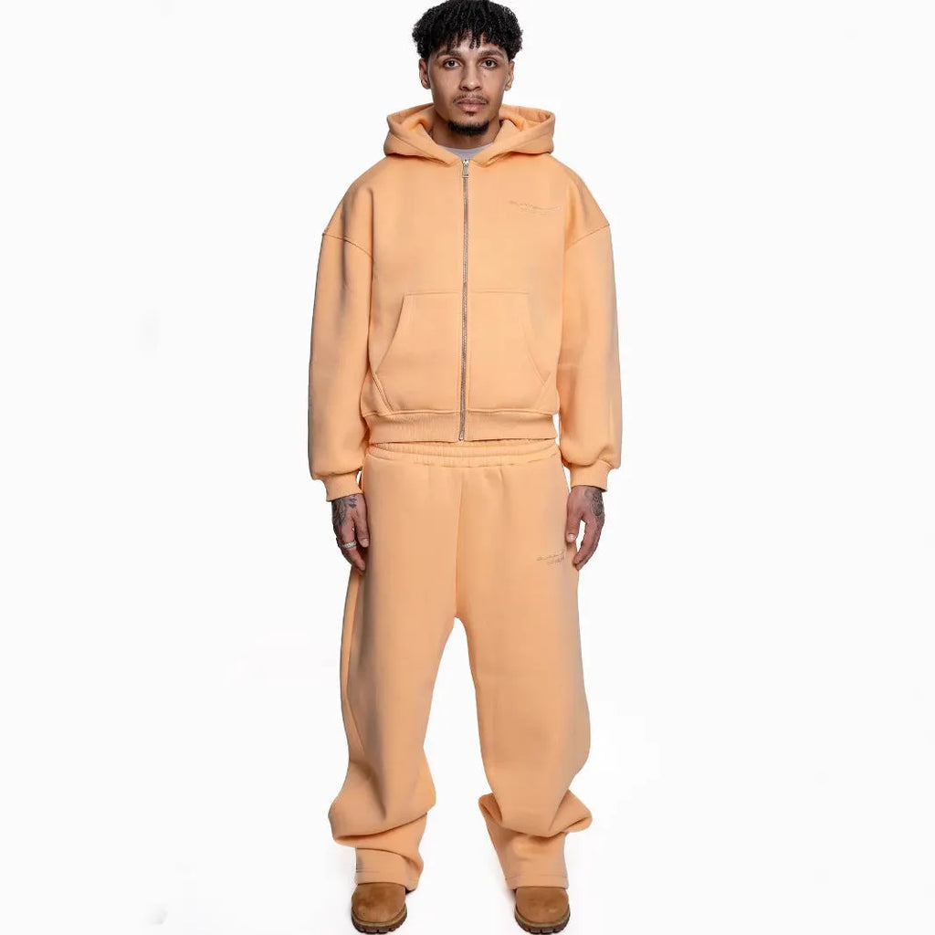 Two-piece printed street fashion suit with loose straight trousers in four colours black white sky blue orange