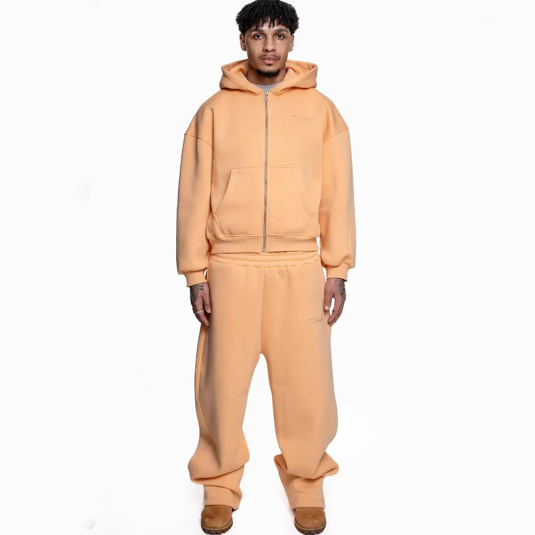 Two-piece printed street fashion suit with loose straight trousers in four colours black white sky blue orange