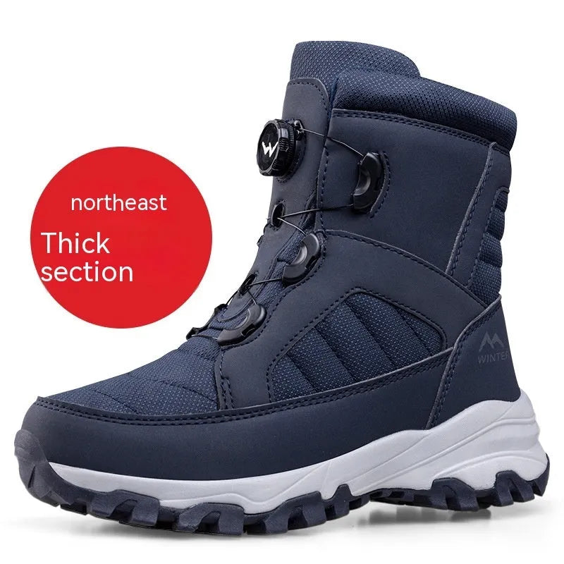Men's button snow boots fleece-lined winter non-slip Oxford cloth upper black