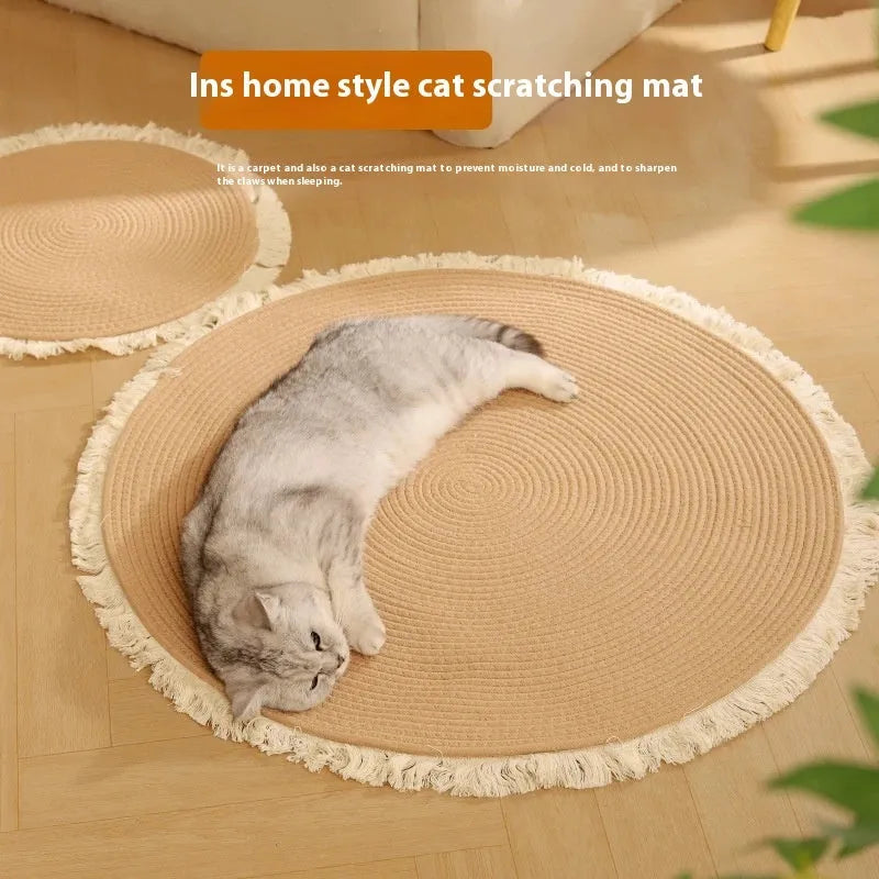 Natural papyrus cat scratch mat with integrated nest in simple style, available in multiple sizes and colours