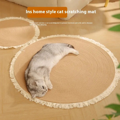 Natural papyrus cat scratch mat with integrated nest in simple style, available in multiple sizes and colours