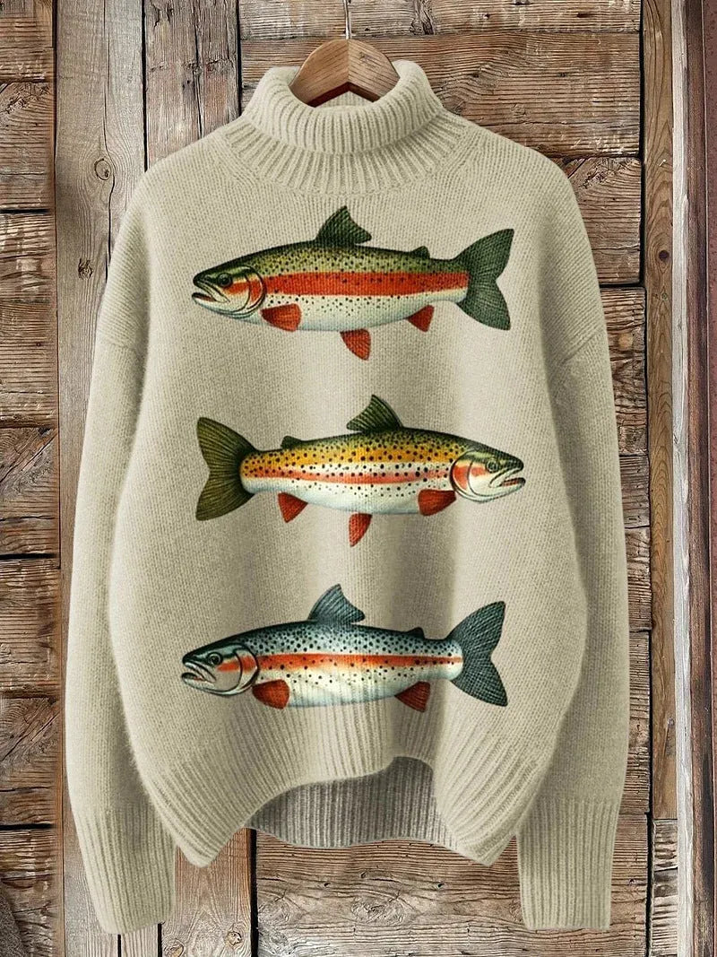 Women's Christmas printed turtleneck sweater in loose fit with festive design