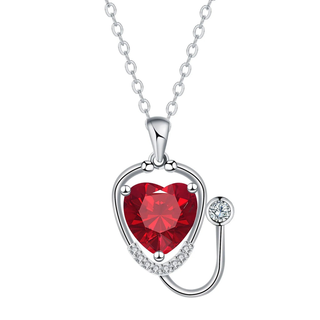 Red diamond women's stethoscope necklace with fashion wings cross design on copper with electroplated finish