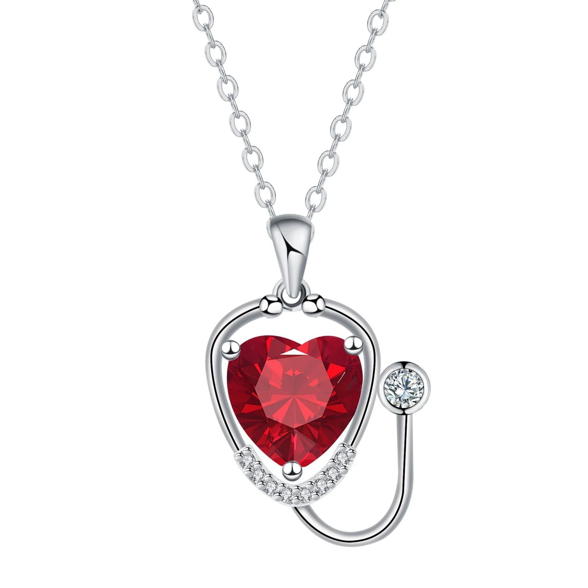Red diamond women's stethoscope necklace with fashion wings cross design on copper with electroplated finish