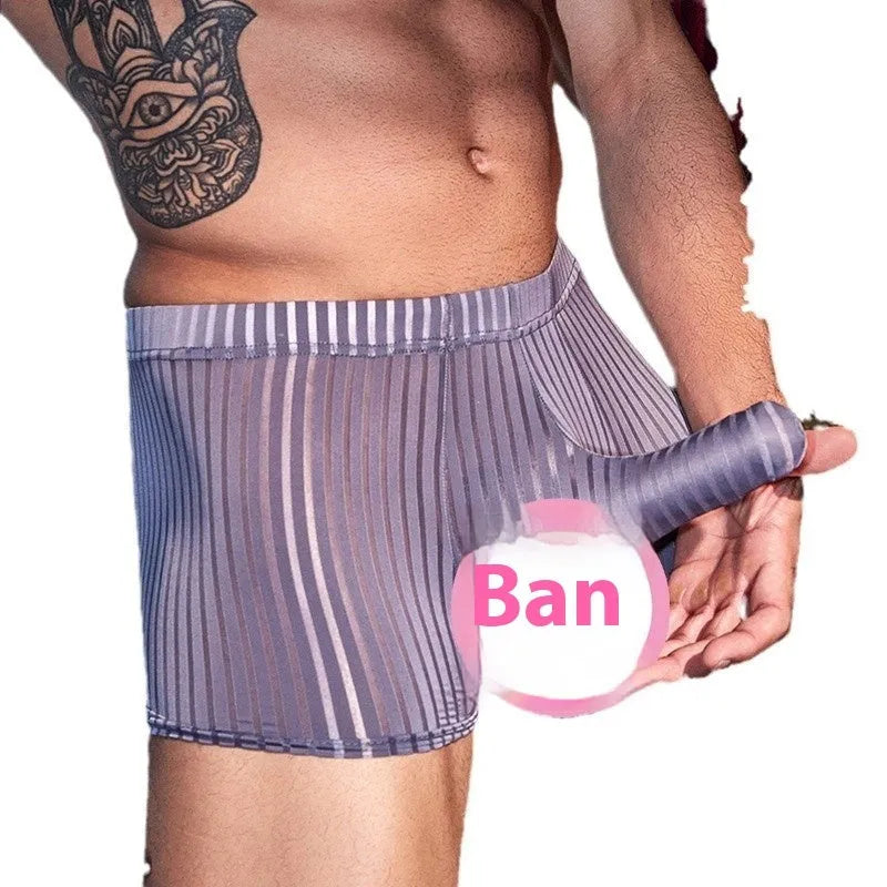 Men's striped boxer briefs in black, white and dark grey nylon with high elastic free size fit
