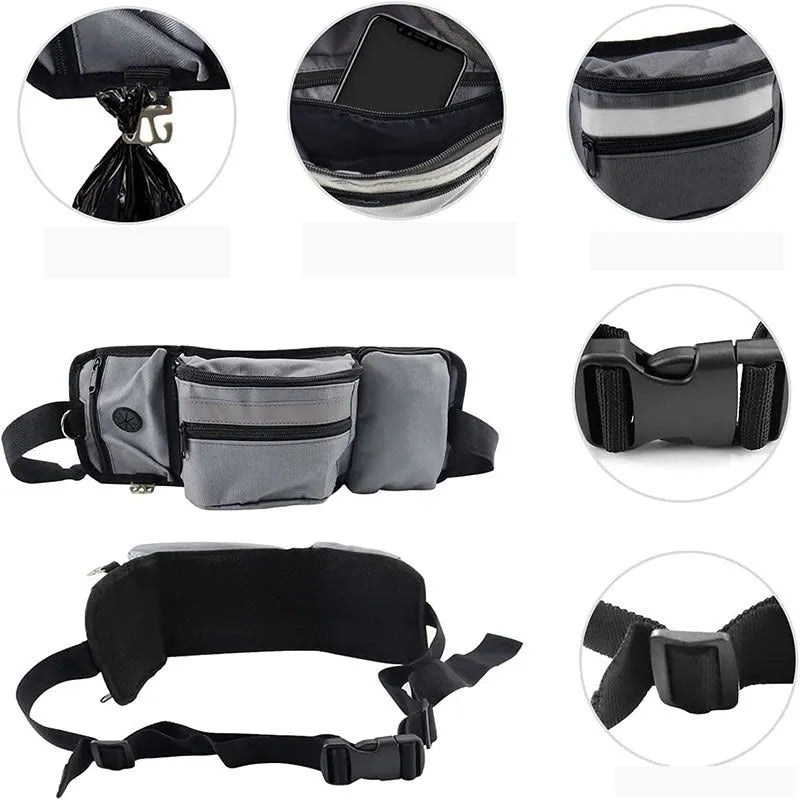 Multifunctional polyester fanny pack in black with adjustable strap for running and dog training