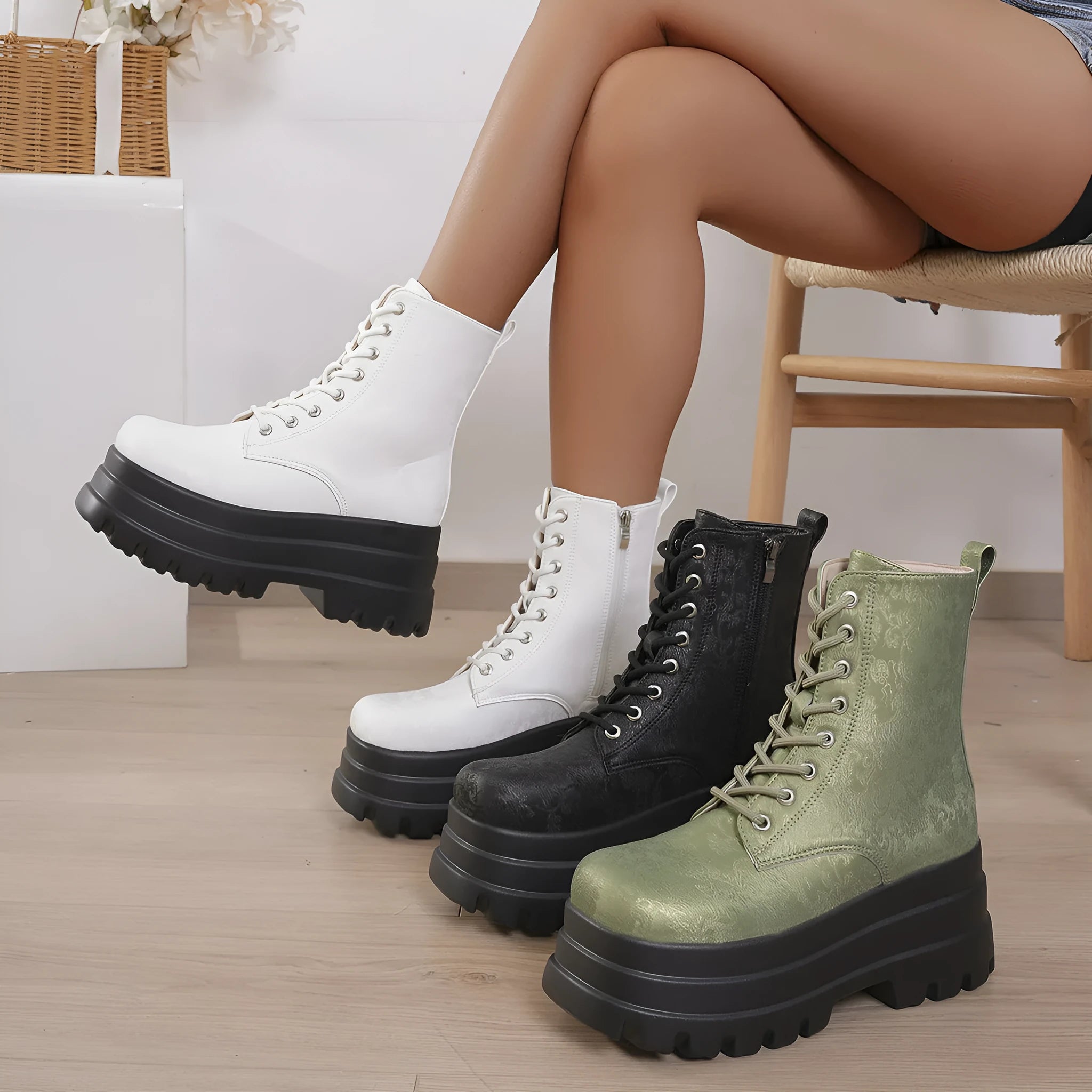 Women's mid-calf retro patchwork Martin boots with platform heel and side zip in black, green or white