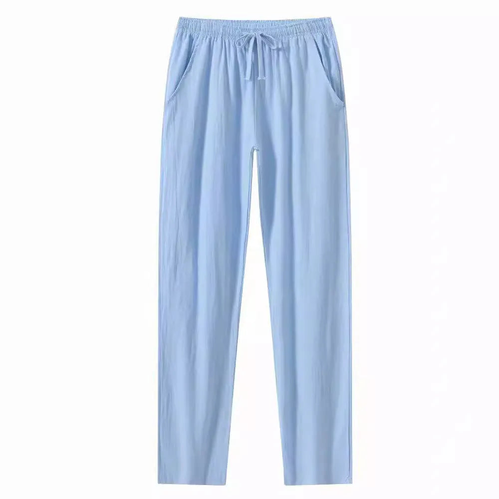 Men's cotton and linen beach pants in khaki, loose fit with drawstring waist, solid colour design