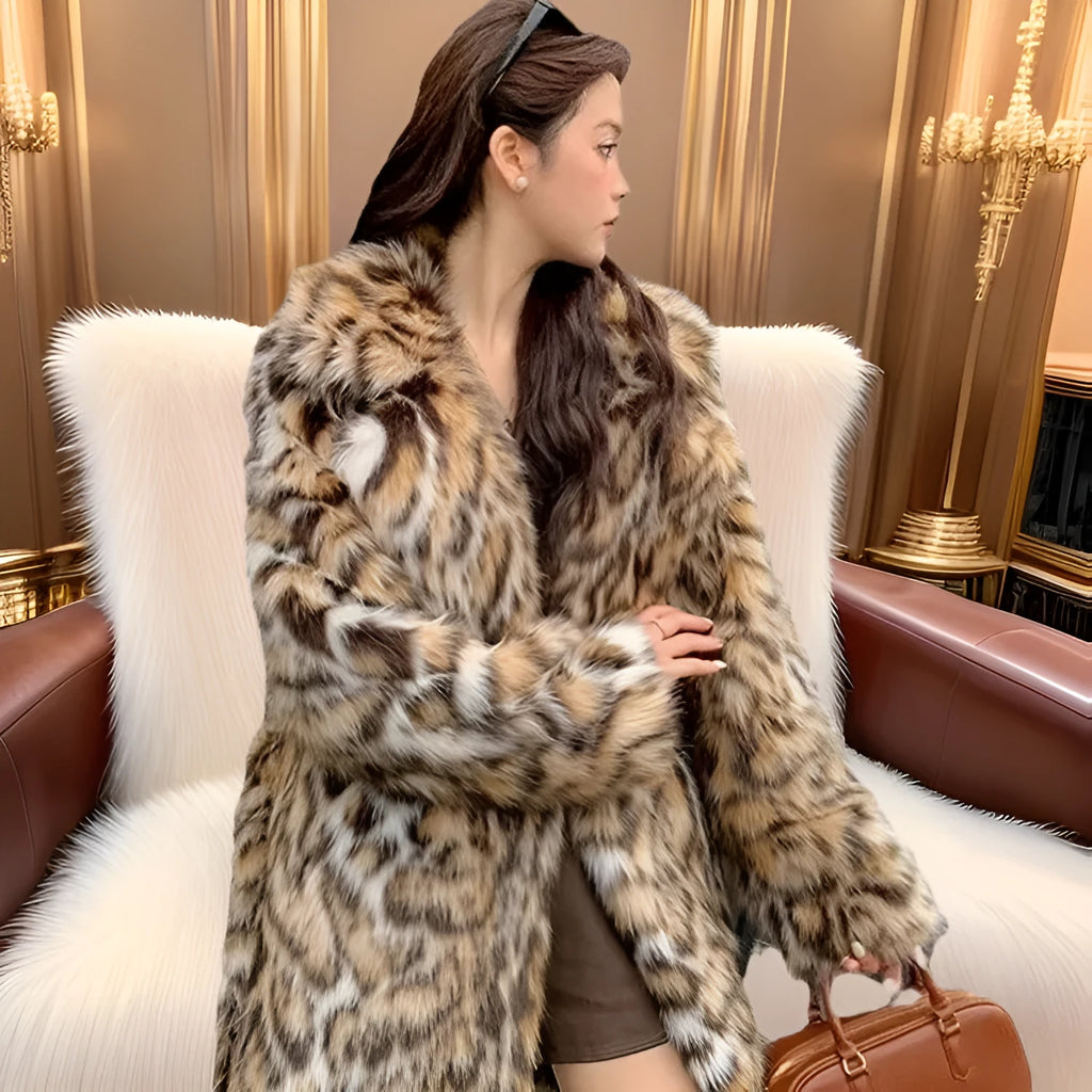 Street fashion faux fur coat with fur collar and pockets in 80cm length