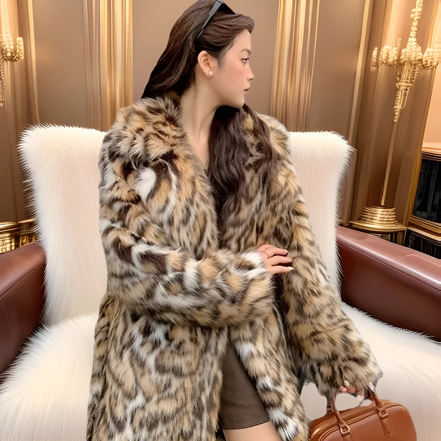 Street fashion faux fur coat with fur collar and pockets in 80cm length