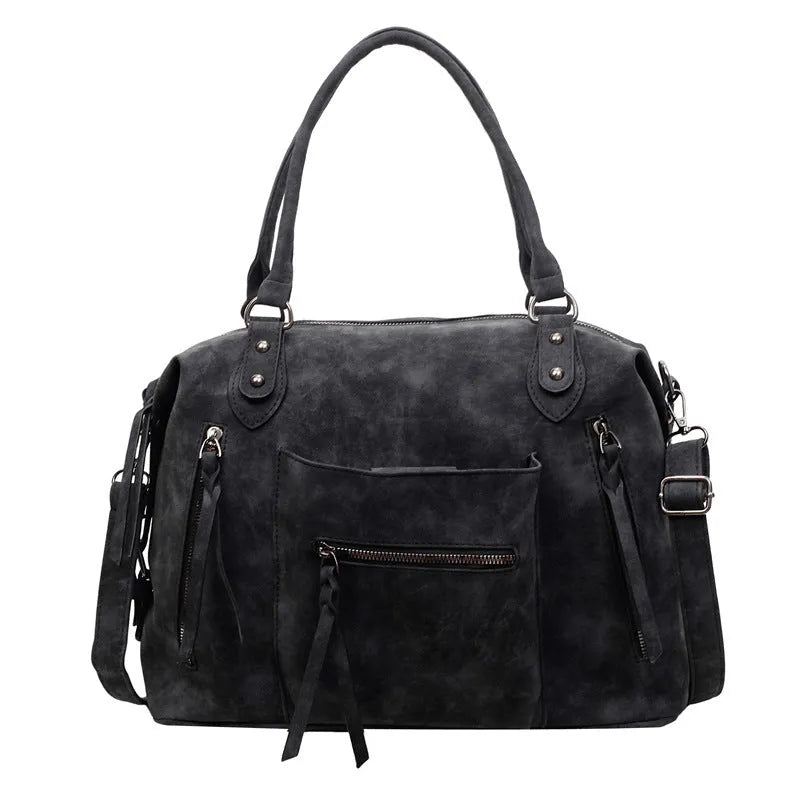 Retro textured women's messenger bag in black PU with stitching detail, 36x25x13cm