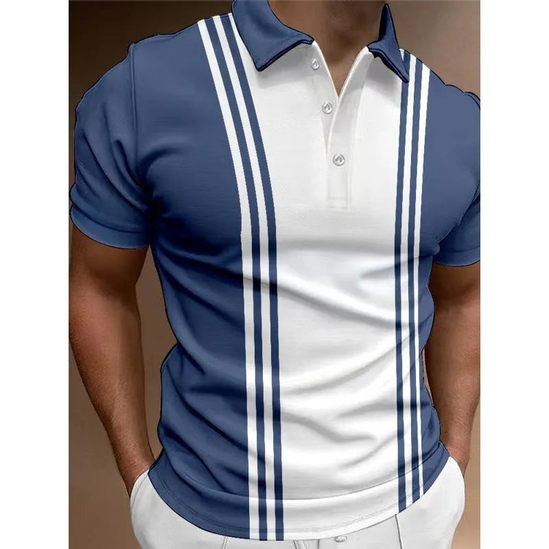 Casual men's 3 button printing lapel T-shirt in loose fit polyester, blue colour, short sleeves