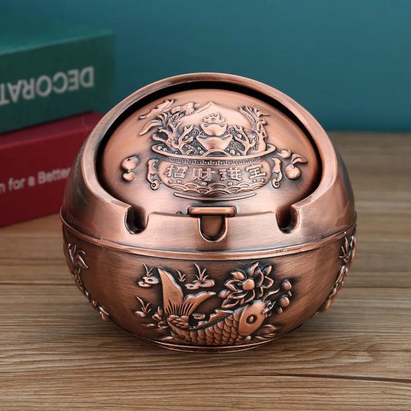Creative alloy ashtray in bronze with smoke extinguishing slot, featuring a detailed Money Tree design.