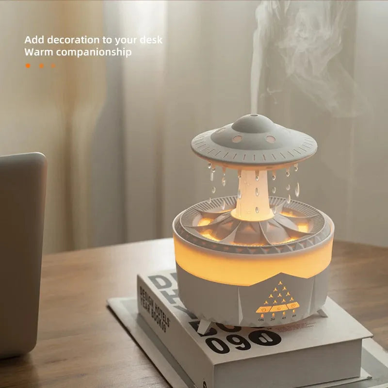 Raindrop humidifier with 350ml capacity, 7 colour nightlight, and essential oil diffuser in white finish
