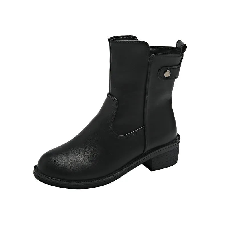 Black women's short boots with side zip and round toe on a low rubber sole.