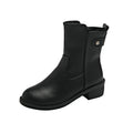 Black women's short boots with side zip and round toe on a low rubber sole.