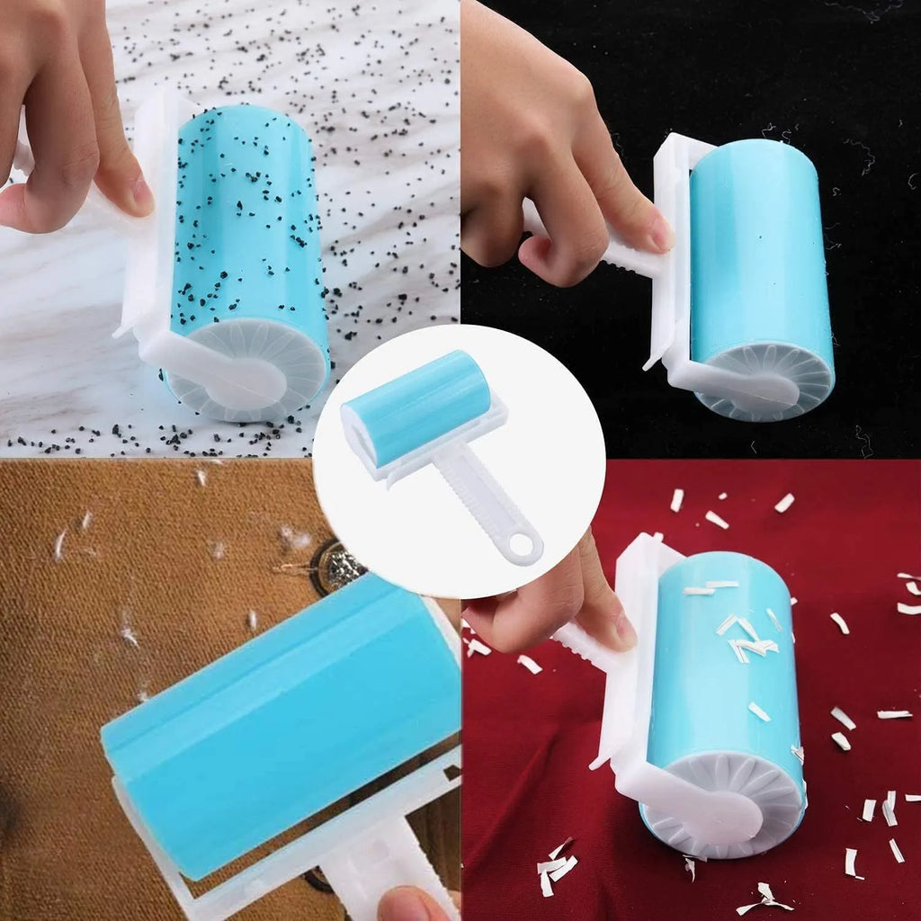 Washable reusable lint roller for pet hair removal in blue, green, pink and yellow colours with protective cover