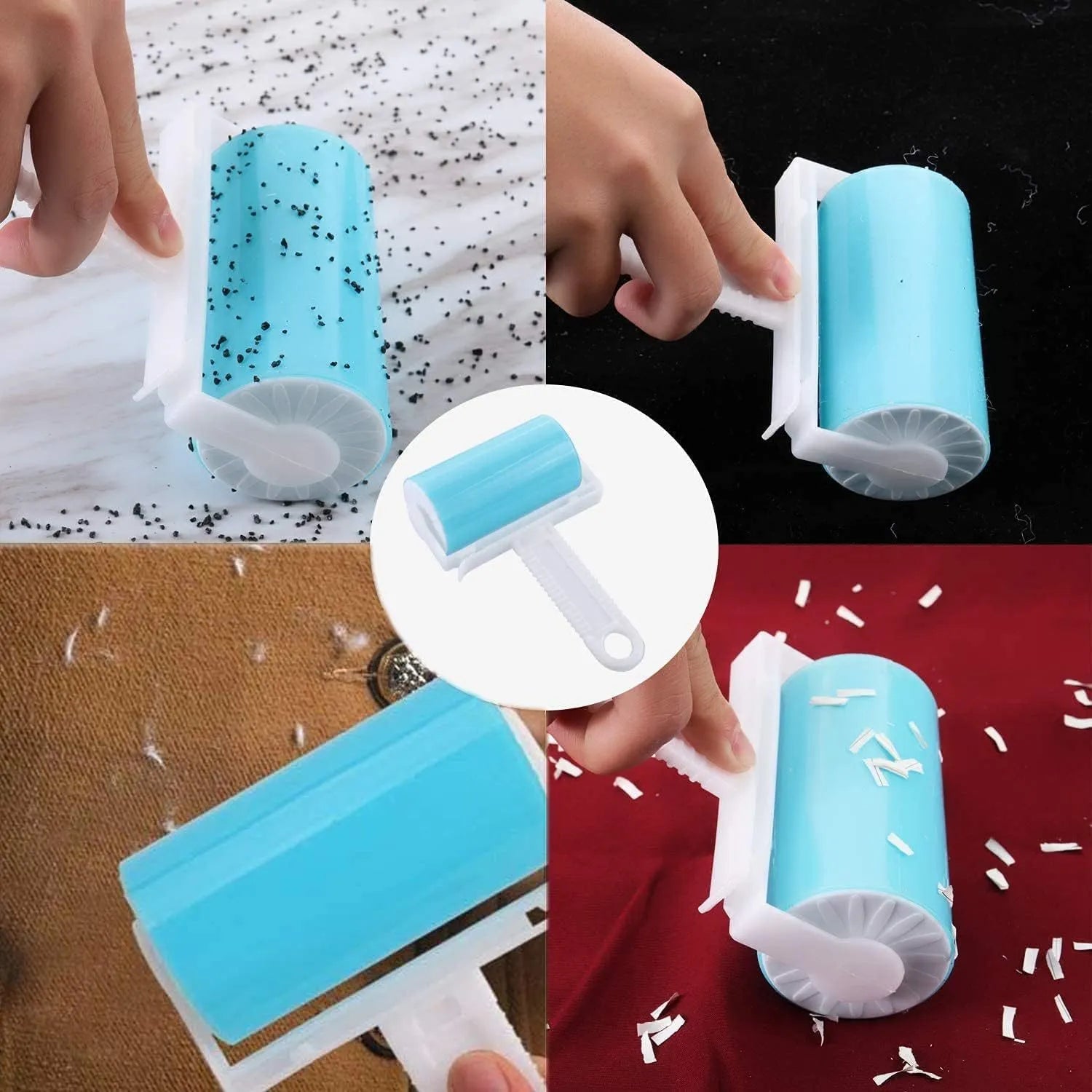 Washable reusable lint roller for pet hair removal in blue, green, pink and yellow colours with protective cover