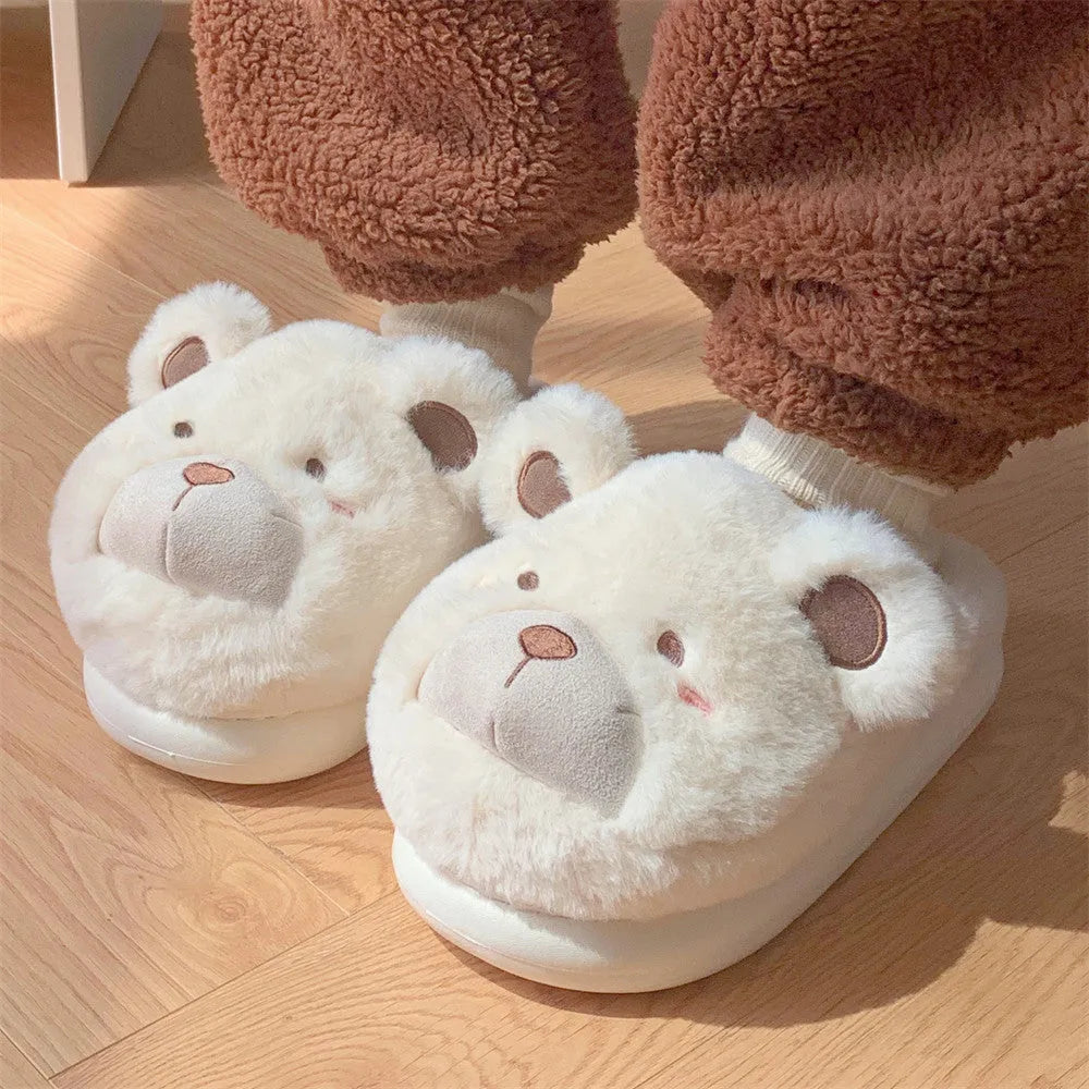 Women's cartoon pattern plush slippers with suede uppers in khaki, round toe design