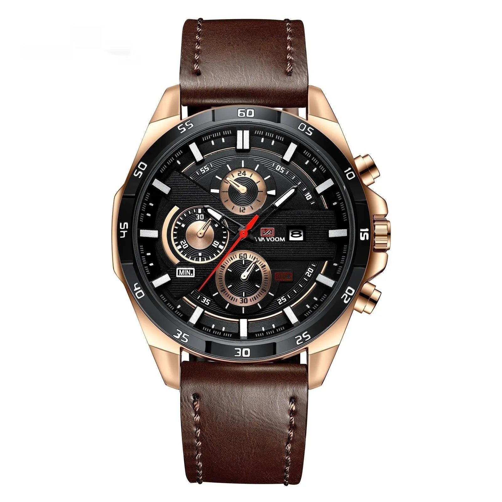 Men's waterproof quartz watch with calendar display and decorative metal casing