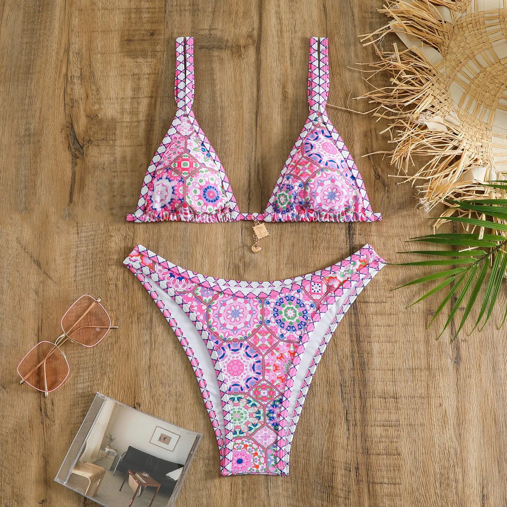 Retro floral print women's bikini swimwear in polyester available in four colours