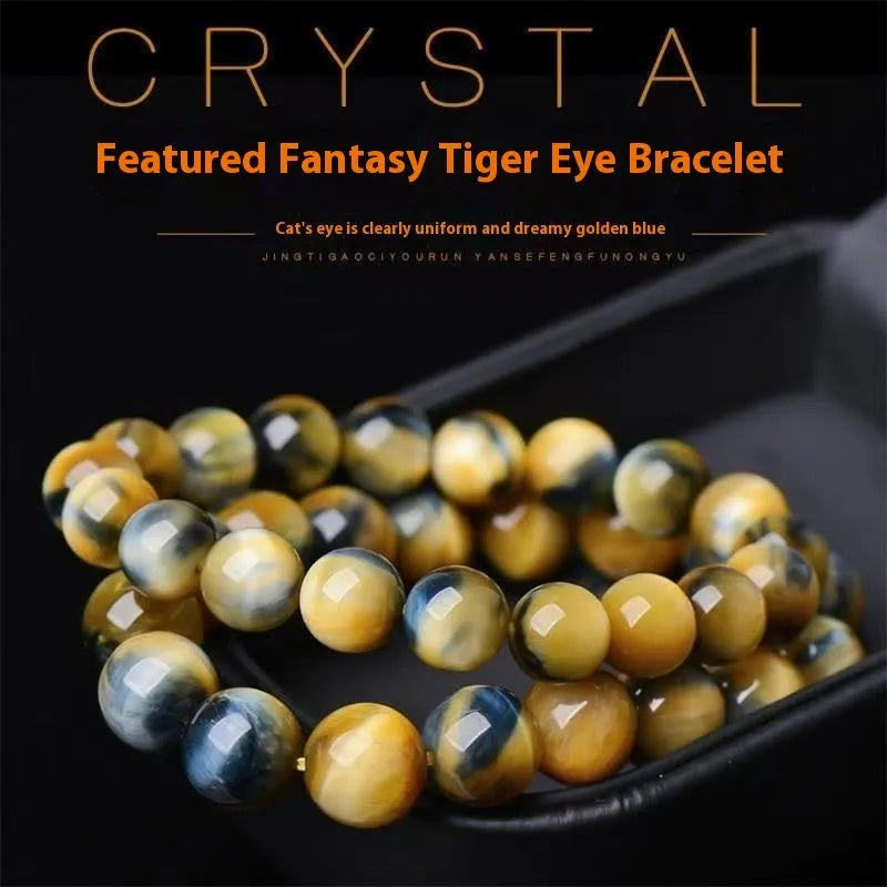 Fantasy Tigereye agate beaded bracelet with round geometric beads on a wrist, showing natural stone colour.