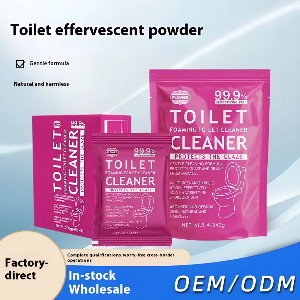 Toilet bubble powder in blue ocean and pink floral fragrance options with 40g bags or 240g bag
