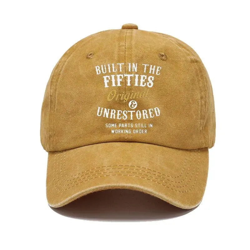 Washed print denim baseball cap with dome crown in retro style, available in multiple colours