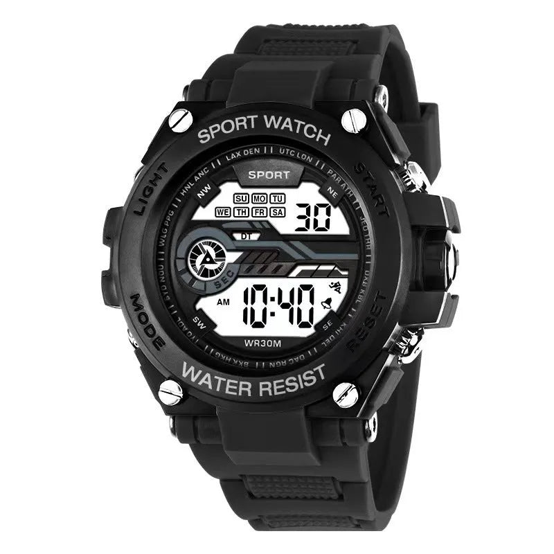 Digital electronic watch with adjustable strap shown in multiple colour options