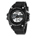 Digital electronic watch with adjustable strap shown in multiple colour options